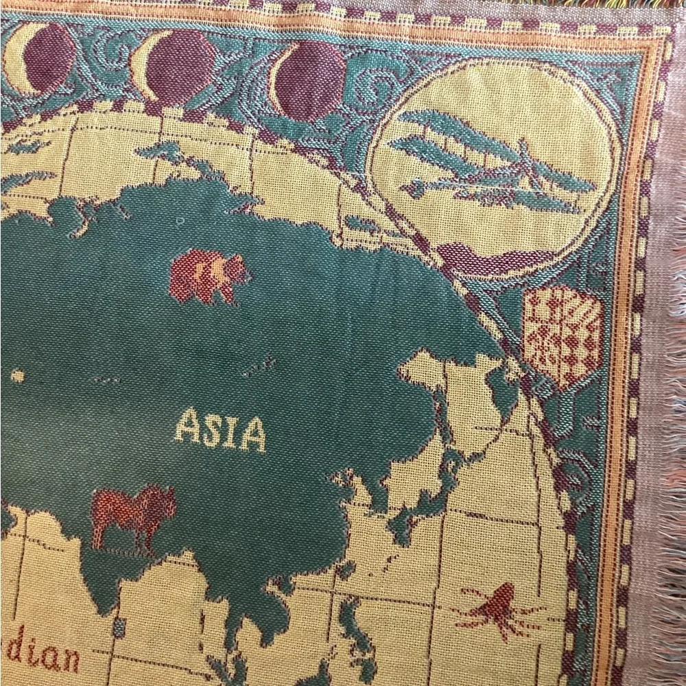 Elegant World Map Tapestry – Blue, Red & Gold –‎ Wall Hanging or Rug